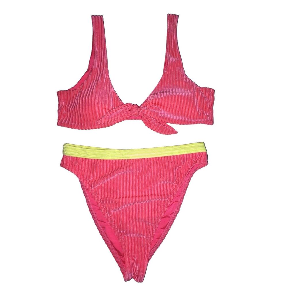 Dippin' Daisy's Pink Yellow Ribbed Velvet Muse Bikini Set Swimsuit Size Large